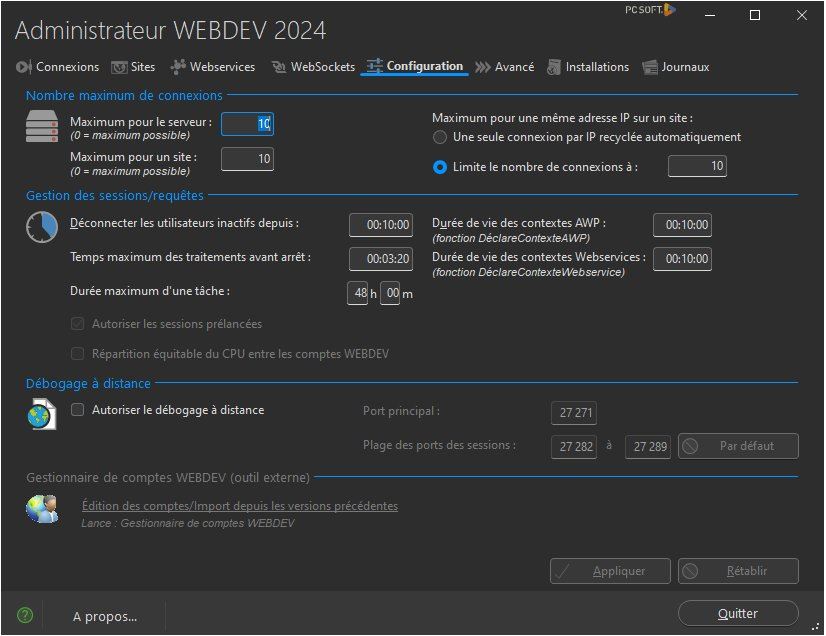 Administrateur WEBDEV, onglet 'Configuration'