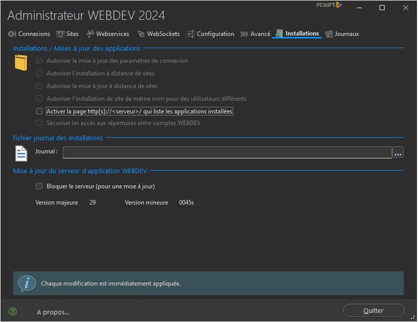 Administrateur WEBDEV, onglet 'Installations'
